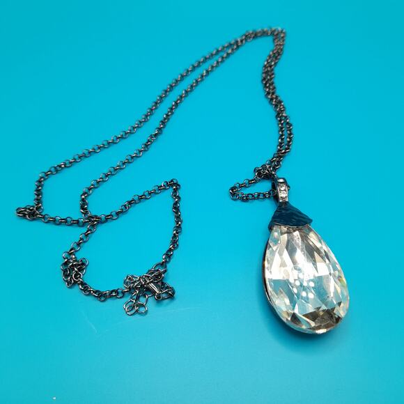 Large Crystal Teardrop Necklace, Long Gunmetal Gray Chain, 42" - Picture 6 of 9